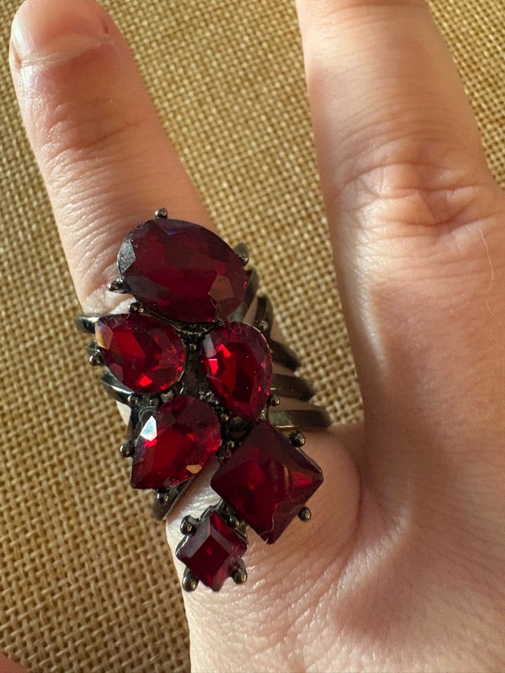 Red Rhinestone Statement Ring Black Tone Multi Stone Cluster Size 10 Gothic
